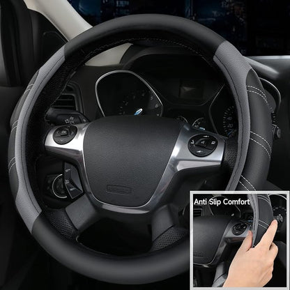 CAR PASS Leather Steering Wheel Cover and Waterproof Car Floor Mats,Microfiber Universal Car Combo Fit for 95% Sedan,SUV,Cars,14.5-15inch Sporty Anti-Slip Safety Comfortable Design(Black＆Gray) - Image 6