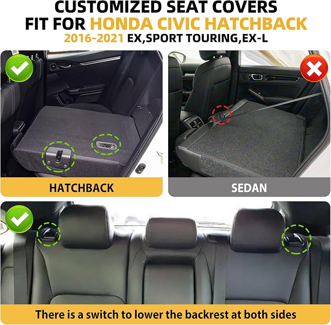 Lolcar Custom Fit Civic Seat Covers for Honda Civic 2016 2017 2018 2019 2020 2021 Hatchback EX,Sport Touring,EX-L - 5-Seats Leather Full Set，Black(60/40 Split Seatback) - Image 2