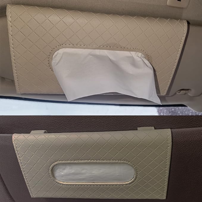 Car Sun Visor Tissue Holder, Car Napkin Holder, Premium PU Leather, Mask Holder for Sun Visor Vehicle, with Tissue Refill, Beige - Image 6
