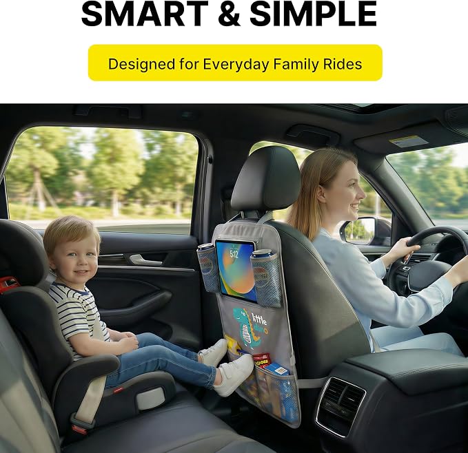 Backseat Car Organizer for Kids, Car Seat Organizer with 11” Touch Screen Tablet Holder, Rear Seat Storage Bag with Drink Pockets, Anti-Kick Seat Back Protector for Travel (Gray Dinosaur) - Image 2