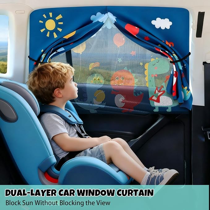 Car Window Shade for Baby, 2 Pack Magnetic Double Layer Sun Shade with Cute Dinosaur Design, Adjustable Privacy Blackout/See-Through Window Curtains, UV Protection, Fits Most Cars SUV Minivan - Image 3