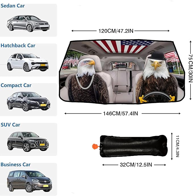 Socira Eagle Car Windshield Sun Shade Umbrella American Flag Sunshade | Foldable Front Window Auto Windshield Sunshade Covers Protect from Sun Rays and Heat 57'' X 30'' Eagle Car Accessories - Image 3