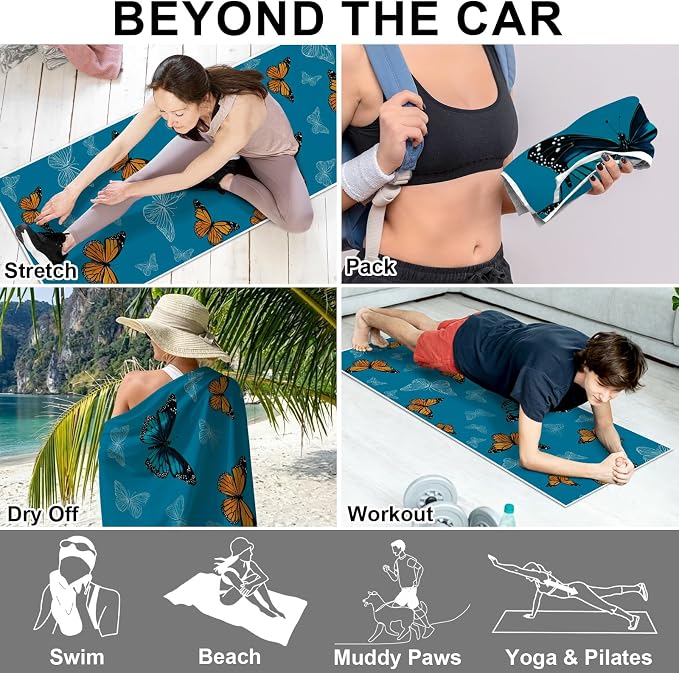 2 Pack Car Towels Seat Cover with Storage Bag, Multifunctional Microfiber Towel for Gym Outdoor Sport Running,Picnic, Beach, Pet Dog Travel,Fits Car SUV Truck (Blue Butterflies) - Image 5
