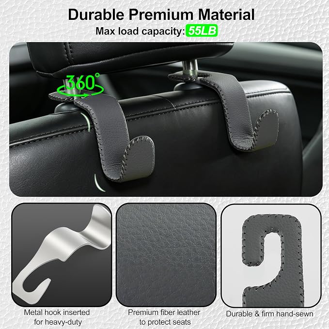 Car Seat Headrest Hook Heavy Duty 55lb Metal Hanger with Leather for Bags | Universal Vehicle Seat Back Organizer, Ergonomic Design, Hang Groceries Handbag Backpack Water Bottle, 4 Pack Gray - Image 2