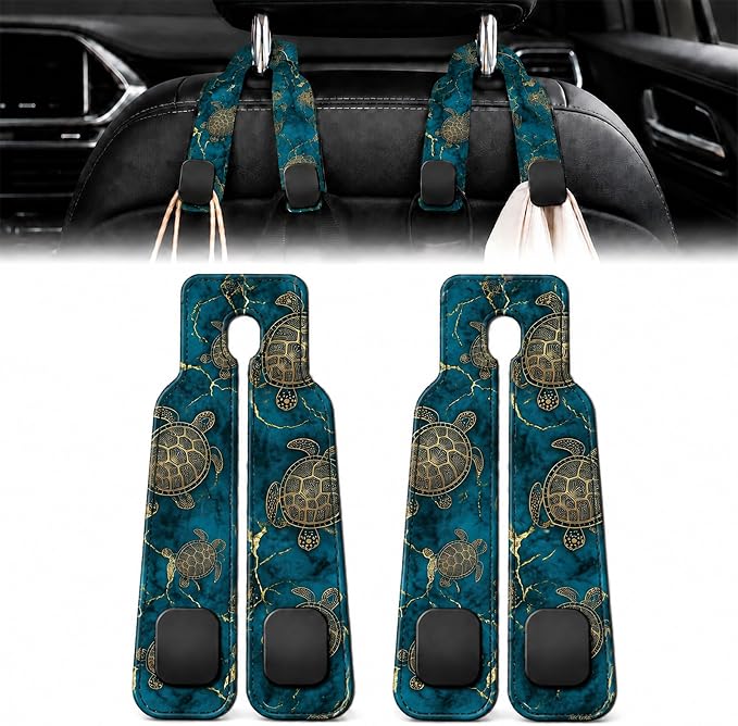 2 Pack Sea Turtle Car Headrest Hooks for Purse Bag Seat Back Hanger | Sea Turtle Car Accessories Metal Hook,Ocean Gifts for Women Men,PU Leather Double Hook for Backseat Organizer by Unknown