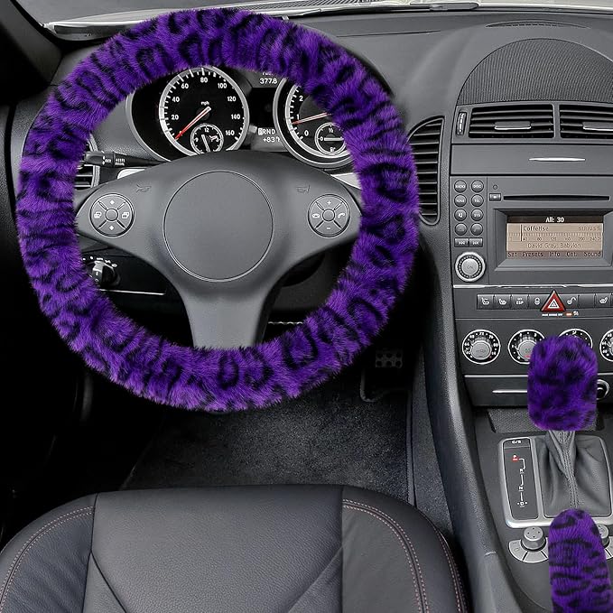 Accmor Fuzzy Car Steering Wheel Cover, Universal Fit Fur Car Wheel Cover & Handbrake Cover & Gear Shift Cover Set, Fluffy Fashion Leopard Print Auto Steering Wheel Protector for Women Girls(Purple) - Image 3