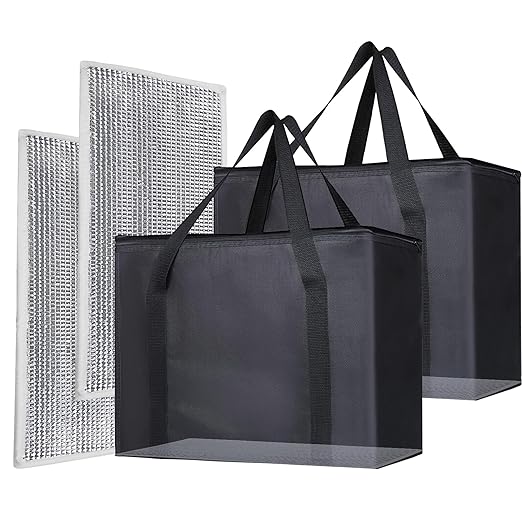 Bodaon 2PK Insulated Grocery Bags with Reinforced Baseboard, X-Large, Black | Reusable, Heavy Duty, Cooler Tote for Stability & No Sag, Thermal Bag for Hot Cold Food, Delivery, Shopping, Travel, Camping by Bodaon
