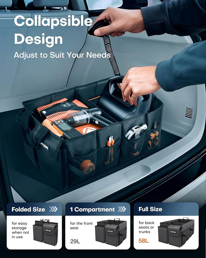HOTOR Trunk Organizer - Foldable Car Organizer for SUVs & Sedans Storage | Sturdy Car Organization for Men & Women, Car Accessories, Tools, Sundries, Black, 2 Compartments, 23.6" x 14.2" x 10.6" - Image 5