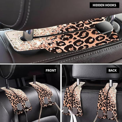 Car Seat Back Storage Headrest Hook, Premium Leather Double Metal Hook, Hanger Storage Organizer for Purse Cloth Bag, Car Interior Accessories Glitter Pink Leopard - Image 4