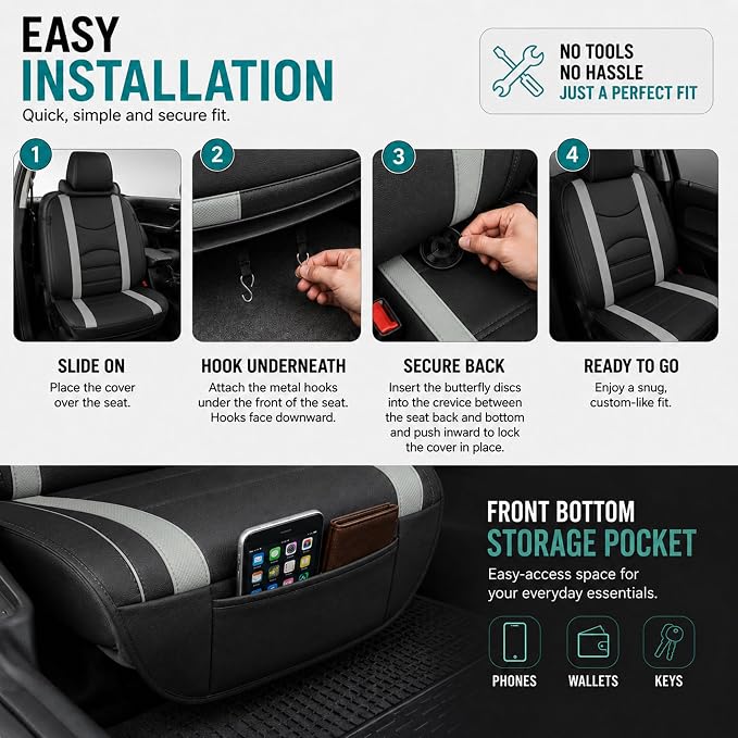 FH Group Front Set Faux Leather Car Seat Covers Cushions for Low Back Seat, Universal Fit, Airbag Compatible Seat Cover for SUV, Sedan Gray/Black - Image 5
