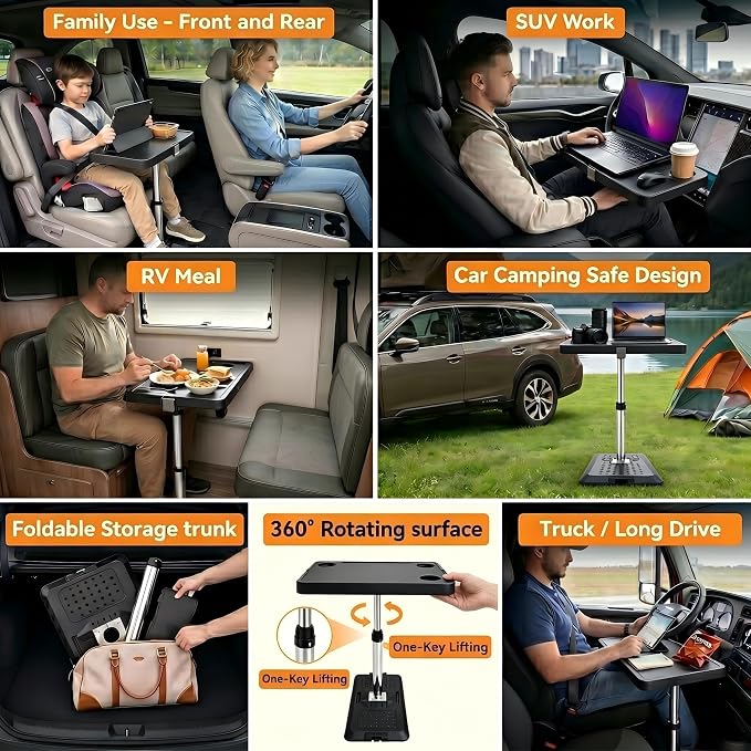 Car Desk for Laptop, Adjustable Car Seat Tray Table, 360° Rotating Multi-Function Travel Tray for Passenger & Rear Seat, Portable Eating & Work Station, Essential Road Trip Accessories - Image 9