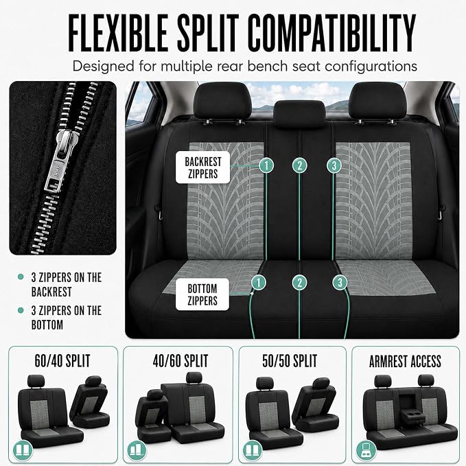 FH Group Rear Set Travel Master Car Seat Covers - Universal Fit, Split Bench Rear Seat, Washable, for SUV, Sedan, Gray - Image 5