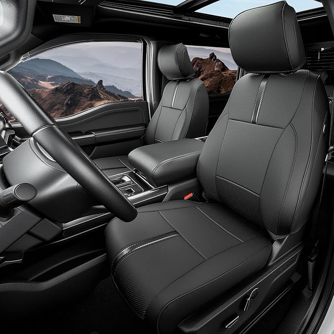 for Ford F150 Seat Covers 2015-2023 2024 2025 2026 (Only Front Seat Covers), Leather Pickup Truck Seat Covers Custom Fit for F-150 XL XLT (Not for Regular Cab) Waterproof Car Accessories Black by DifferentDesignsforCars