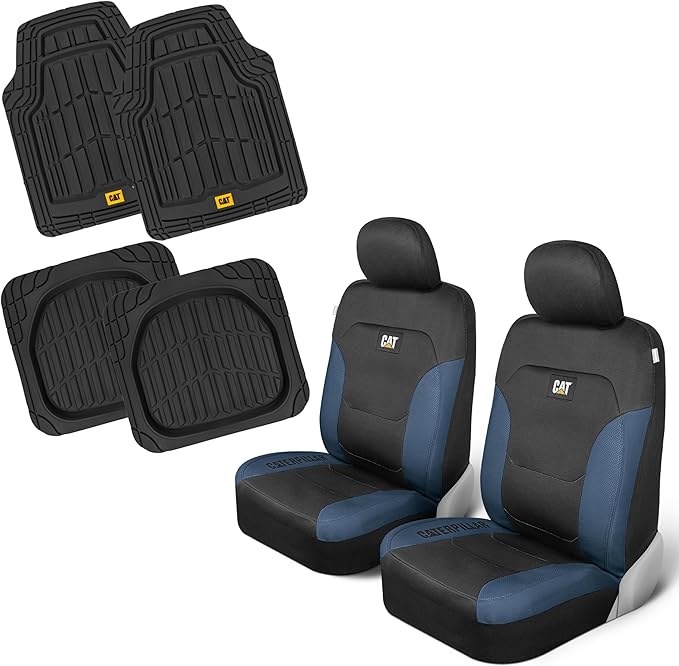 CAT Front Seat Covers for Cars (2-Pack) & 4-Piece Trim to Fit, Heavy Duty Protection, All Weather Floor Mats – Universal Fit, Waterproof Mats, Easy Install, for Trucks, SUVs, Vans, & Car Accessories by Unknown