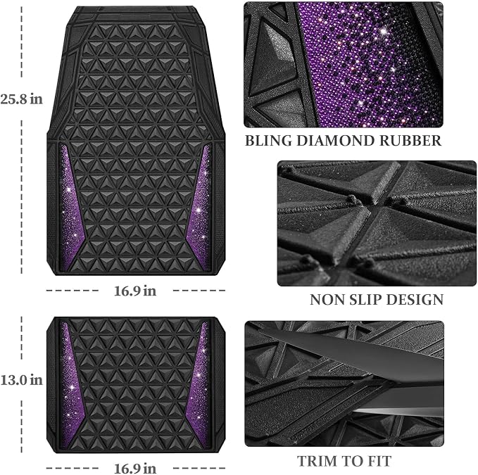 CAR PASS Bling Rubber Car Mats Diamond Floor Mats Full Set Anti-Slip 3D Rhombus Waterproof Universal Trim to Fit Liner Glitter Crystal Sparkly Shining Rhinestone Girl Women SUV Sedan Van, Black Purple - Image 4