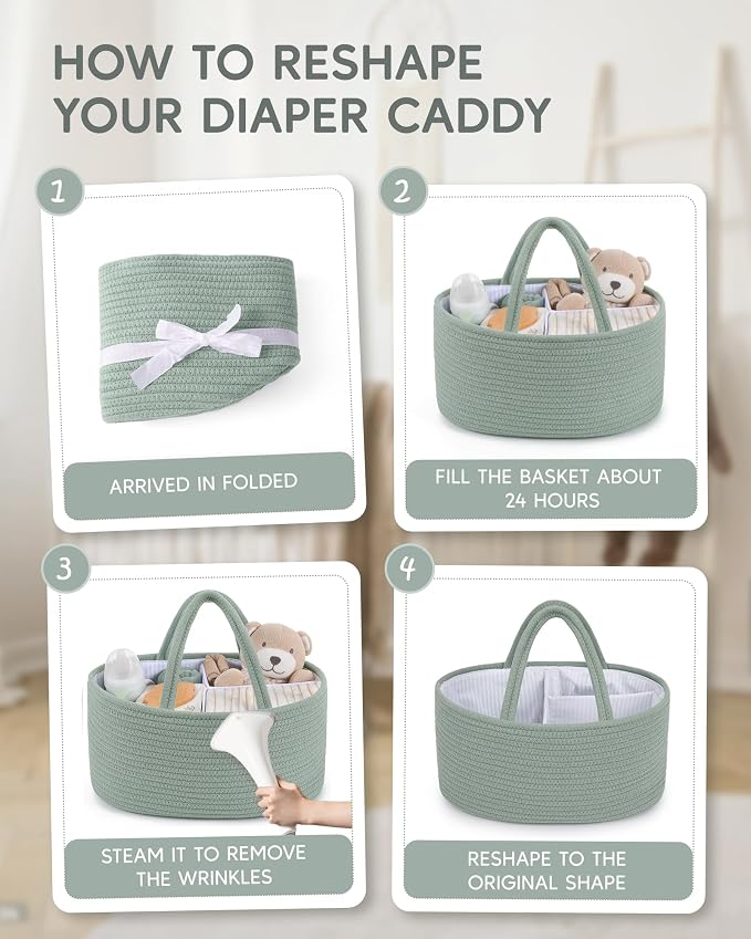 Maliton Diaper Caddy Organizer for Baby, Portable Diaper Storage Organizer for Changing Table and Car, Cotton Rope Nursery Storage Bin Basket for Baby Shower, Newborn Essentials Must Haves - Green - Image 7