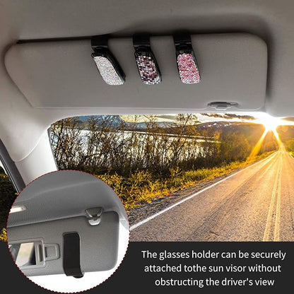 Glasses Holders for Car Sun Visor, 2 Pack Bling Crystal Rhinestones Fashion Car Eyeglasses Sunglasses Hanger Mount with Ticket Card Clip for Women Girls (Pink) - Image 3