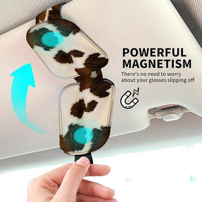 Leather Magnetic Sunglass Holder for Car Sun Visor, Cute Eyeglass Ticket Card Hanger Clip, Universal Auto Interior Accessories for SUV Pickup Truck Brown Cow Print - Image 3