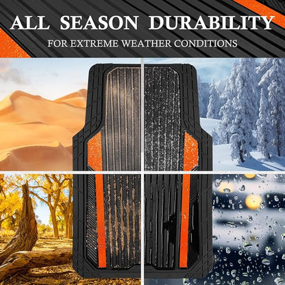CAR PASS Heavy Duty Rubber Car Mats Metallic, Aluminum Film All Weather Floor Mats Waterproof Universal Trim to Fit SUVs Sedans Vans 4 Piece Anodized Deep Dish Two-Tone Sporty Black Orange Chrome - Image 3