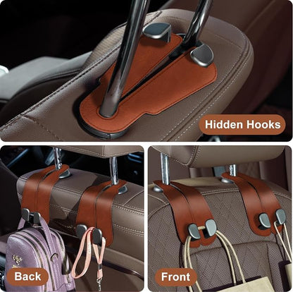 CoBak Purse Hook for Car - Universal Premium Stitched Leather and Aluminum-Magnesium Alloy Double Car Seat Back Storage Hook for Purses, Handbags, Bags (2 Pack),Russet Brown - Image 6