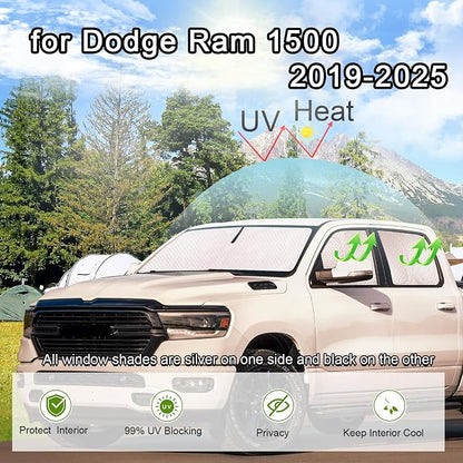 KMF 6pcs Thicken Full Window Sun Shades for Dodge Ram 1500 Crew Cab Accessories 2019-2025, Car Window Covers Sunshade for Windshield Side Rear, Sun Visor UV Block Privacy Blackout for Camping Outdoor - Image 2