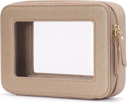Clear Makeup Bag Travel Cosmetic Case Transparent Toiletry Bag with Zipper, Portable Make Up Organizer Traveling Compact Car Bag for Essentials, Gold, Medium by POPVIBE