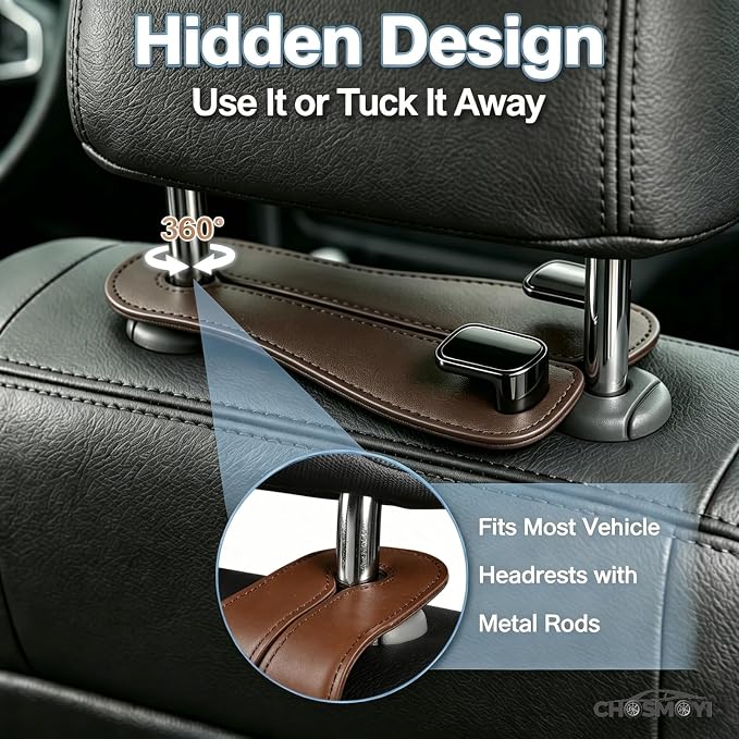 2 Pack Leather Car Headrest Hooks, Heavy Duty Double Car Hooks(Brown) | Anti-Drop Design, Holds Up to 50 lbs, Purse Hanger, Car Seat Organizer, Car Hanging Accessories - Image 7