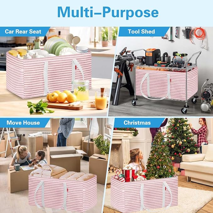 LHZK Standing Extra Large Utility Tote Bag with Metal Wire Frame and the Sides Rinforced, Extra Large Tote Bag with Handle, Reusable Grocery Bags Foldable, Beach Bag, Car Tote (Pink, 26''x15''x13'') - Image 9