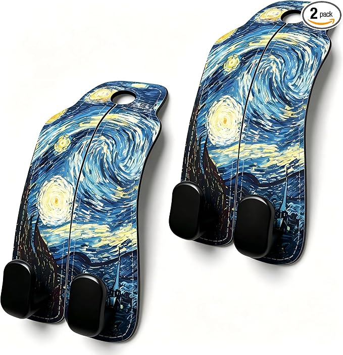 Car Seat Back Headrest Hooks - 2 Pack, The Starry Night Pattern Purse Hook for Car, Metal Leather Multifunctional Auto Hanger Organizer for Bags Water Bottles Phones by Unknown