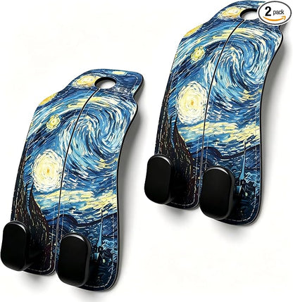 Car Seat Back Headrest Hooks - 2 Pack, The Starry Night Pattern Purse Hook for Car, Metal Leather Multifunctional Auto Hanger Organizer for Bags Water Bottles Phones by Unknown
