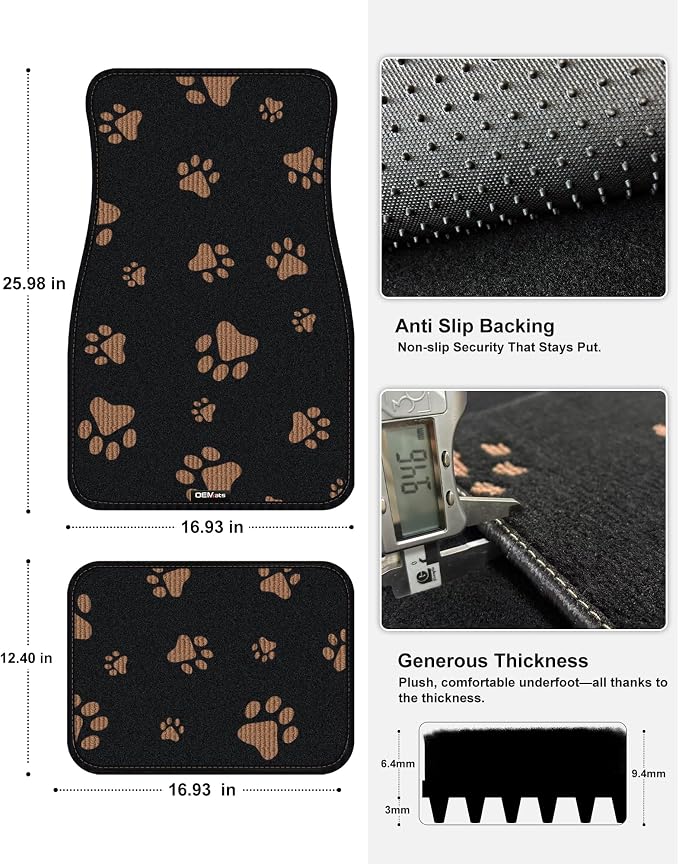 Cute Embroidered Dog Paw Car Floor Mats for Pet Lovers, Universal Fit All Weather Car Mats with Anti-Slip Nibbs Backing, Carpet Floor Mats for Cars, Trucks & Sedans, Full Set of 4 (Brown Paw) - Image 3