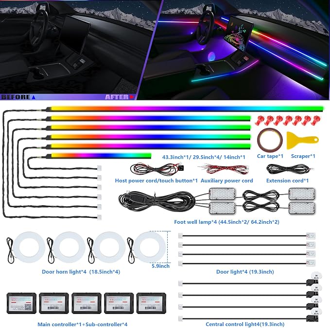 Dreamcolor Acrylic Interior Car LED Strip Light with Wireless APP, RGB 22 in 1 with 175 inches 600 LEDs Fiber Optic Car Ambient Lighting Kits, Music Sync Function Neon LED Strip for Car Accessories - Image 3