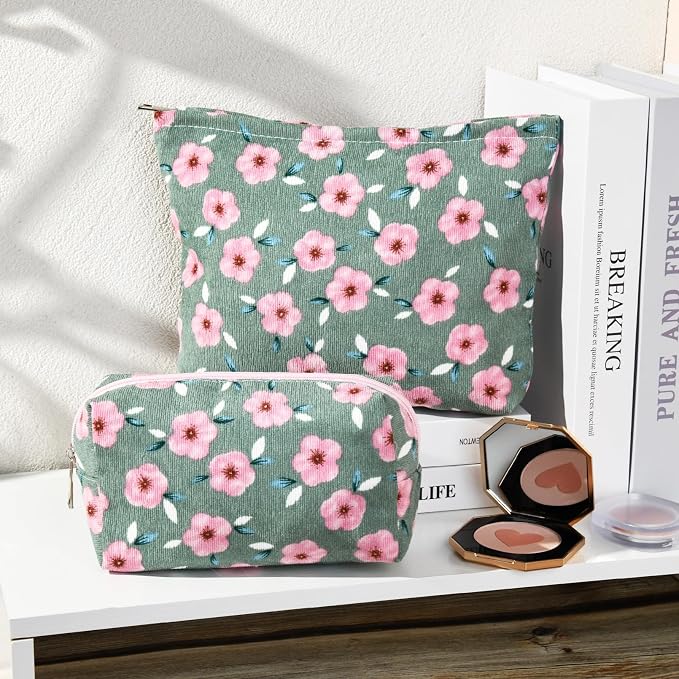 SOIDRAM 2 Pieces Sakura Makeup Bag Large Cosmetic Bag Capacity Canvas Mix Travel Toiletry Bag Organizer Cute Makeup Brushes Aesthetic Accessories Storage Bag for Women, Sakura Mix Green - Image 6