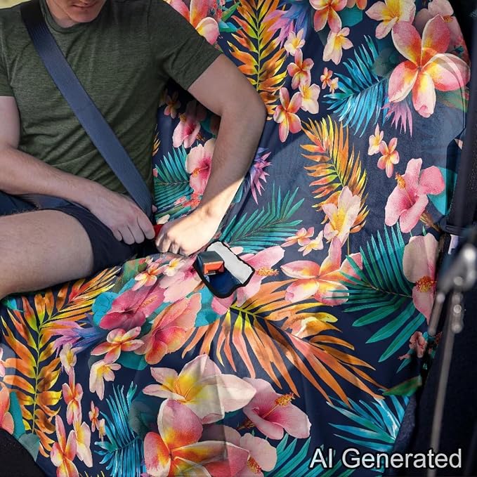 Tropical Hibiscus Plumeria Palm Leaves Pattern Bench Car Seat Cover Protector Waterproof Heavy-Duty Nonslip Pet Car Seat Cover for Dogs with Universal Size Fits for Vehicles Trucks SUV - Image 4