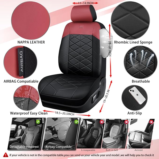 CAR PASS Memory Foam Leather Seat Covers Full Set, Breathable Perforated Nappa Leather Seat Covers Universal Fit for Most Sedans,SUV,Trucks Thick 3D Foam Comfort, Airbag Compatible Black Burgundy Red - Image 2