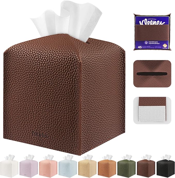 Tissue Box Cover Holder Square Tissue Cube Cover PU Leather Tissue Organizer with Bottom Belt for Bathroom, Tabletop, Car, Night Stands, Office, Home, Kitchen (1, CoffeeBrown) by DecorateYourHome