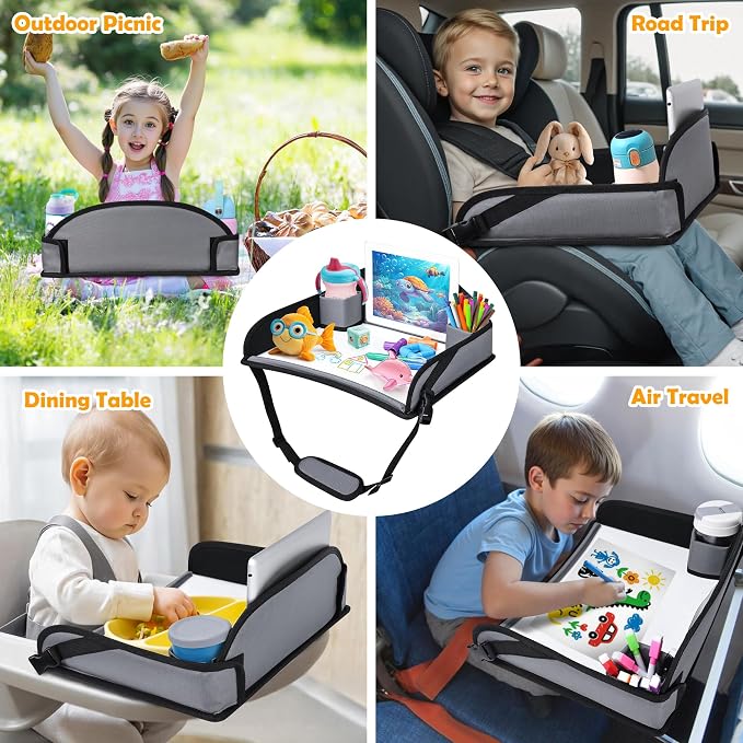 Toddler Car Seat Travel Tray FOR Road/Airplane Trip Activities, Grey | Travel Tray With 16.7" x 13.4" Smooth Dry Erase Board, Cup holders, Ddjustable Strap & Shoulder Carry Strap - Image 8