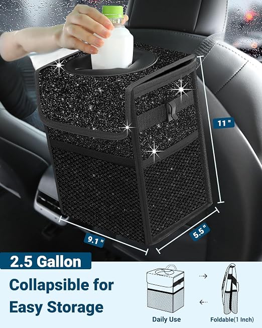 Capolo Car Trash Can with Lid, Leakproof Car Garbage Can Car Trash Bag | Waterproof Trash Can for Car, 3 Mesh Pockets, Mini Hanging Vehicle Car Trash Bin, for Back/Front Seat (Sparkly Black,2.5 Gal) - Image 2