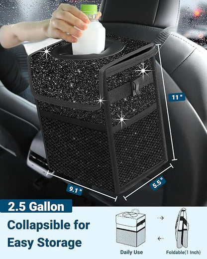 Capolo Car Trash Can with Lid, Leakproof Car Garbage Can Car Trash Bag | Waterproof Trash Can for Car, 3 Mesh Pockets, Mini Hanging Vehicle Car Trash Bin, for Back/Front Seat (Sparkly Black,2.5 Gal) - Image 2