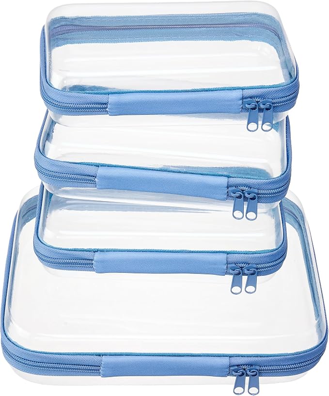 4 pcs Clear Zipper Pouches,Hard Shell Zipper Case, Toiletry Bag for Travel | CLear Diaper Bag, Toiletry Pouch, Travel Organizer, Cosmetic Bag,Toy Storage Bins (M+3S) (Blue) by WELPIRT