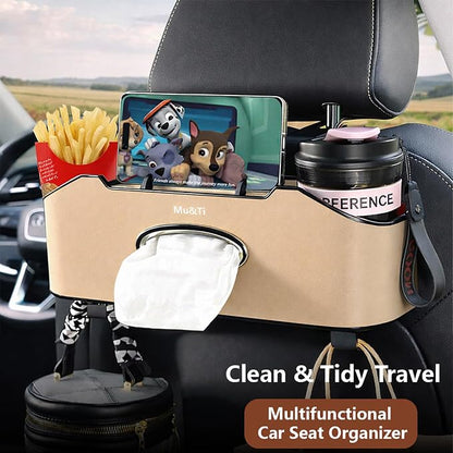 Back Seat Car Organizer with Cup Holders Tissue Box, Phone Stand and Hooks | Includes 1 Pack Of Tissues And 1 Pack Car Trash Bags, Headrest Cup Holder, Multifunctional Storage For Car Travel Accessories - Image 2