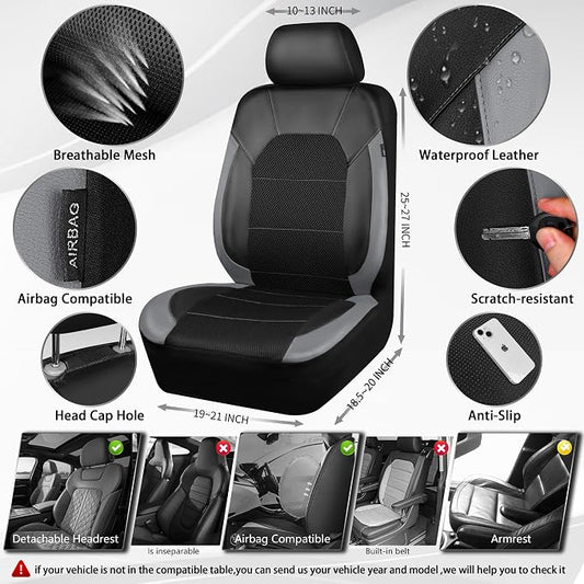CAR PASS Leather Car Seat Covers Front Seats only, with Air Mesh Front Seat Covers Breathable, Cool Automotive Seat Covers 2 Pack, Universal Fit Most Cars,SUV,Truck,Van Airbag Compatible(Black Gray) - Image 2