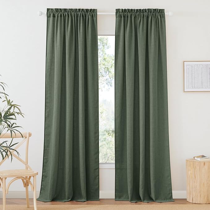 RYB HOME Green Linen Curtains 84 inches Long for Living Room Kids Room, Light Filtering Privacy Protection Home Decor 2 Panels Set for Sliding Glass Door, W 52 x L 84 inches, Hunter Green by RYBHOME
