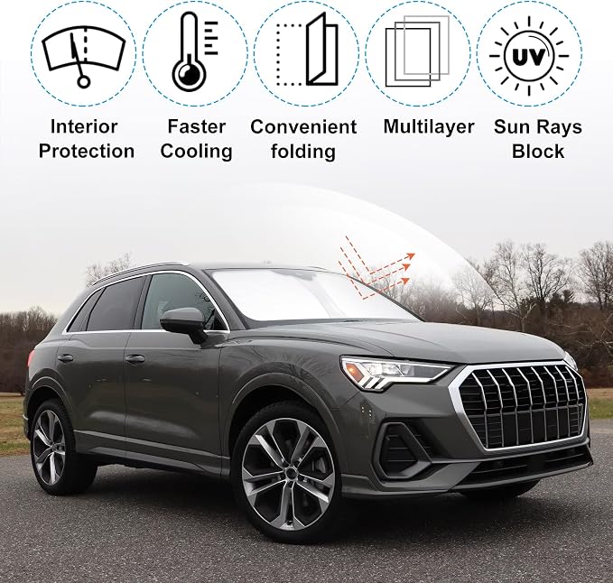 Windshield Sun Shade for 2019-2025 2026 Audi Q3 Accessories | Full covered for windshield, Foldable & Durable, Block UV Rays, Reduce Heat, Easy to install, Keep Car Cooler - Image 2