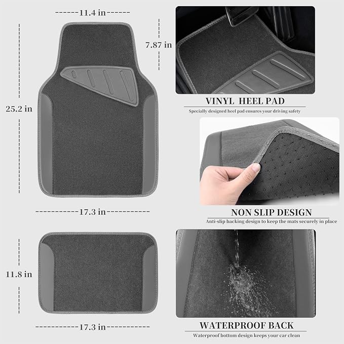 CAR PASS Waterproof Universal Fit Car Floor Mats, Car Mats Fit for SUV,Vans,sedans, Trucks,Set of 4pcs Car Carpet with Driver Heel Pad (All Gray) - Image 2