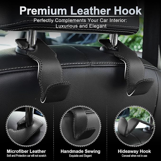 LivTee Headrest Hook for Car, Back Seat Organizer Black Leather Hanger Holder Hook, Interior Car Accessories for Hanging Purses Bags Coats, 4 Pack - Image 2
