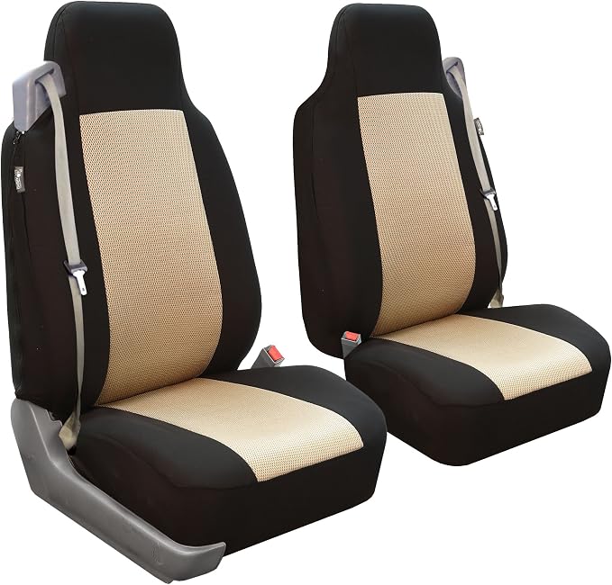 FH Group FH-FB302114 All Purpose Flat Cloth Car Seat Covers Beige/Black Color with F11306 Vinyl Floor Mats, Beige/Black Color - Fit Most Car, Truck, SUV, or Van - Image 2