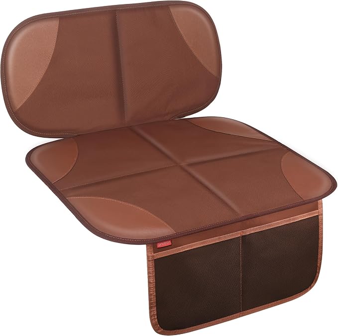 Sinvitron Car Seat Protector for Kids, Anti-Slip Thick Padding, Seat Mark Protection, 2 Storage Pockets for Toys & Snacks, Universal Fit for Most Vehicles (Brown, 1 Pack) by Sinvitron