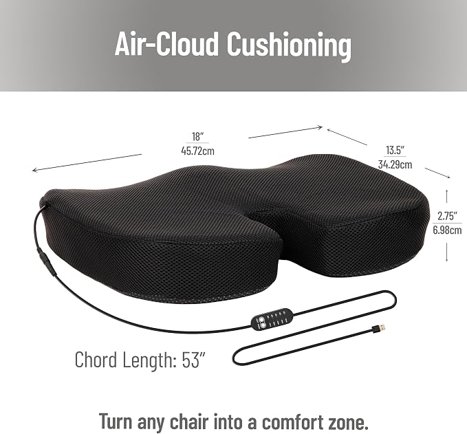 Mind Reader Heated Memory Foam Seat Cushion with Air-Cloud Support, Slim Ergonomic Cushion with 4 Heat Settings Timer and Auto Shut-Off, Black - Image 3