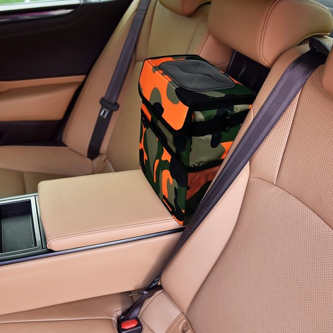 SIBOFUEGO Cute Car Trash Can with Lid – Multipurpose Collapsible Trash Bin for Car, Leak-Proof Organizer, Waterproof Garbage Can with Storage Pockets & Adjustable Straps, 2 Gallons (Camo Orange) - Image 2